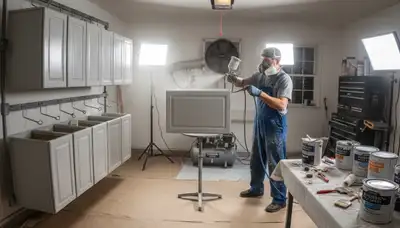 Professional cabinet painting process in Kansas City, KS showing smooth spray-painted kitchen finishes
