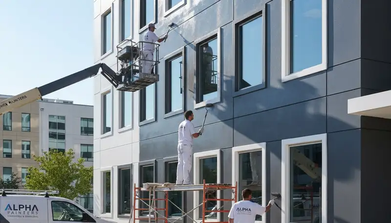 Professional commercial painters finishing office exterior in Kansas City, KS