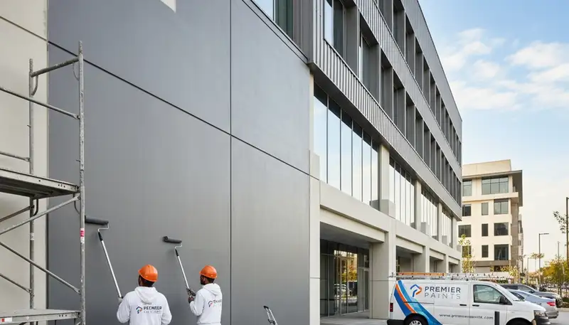 Professional commercial painters working on office exterior in Kansas City, KS