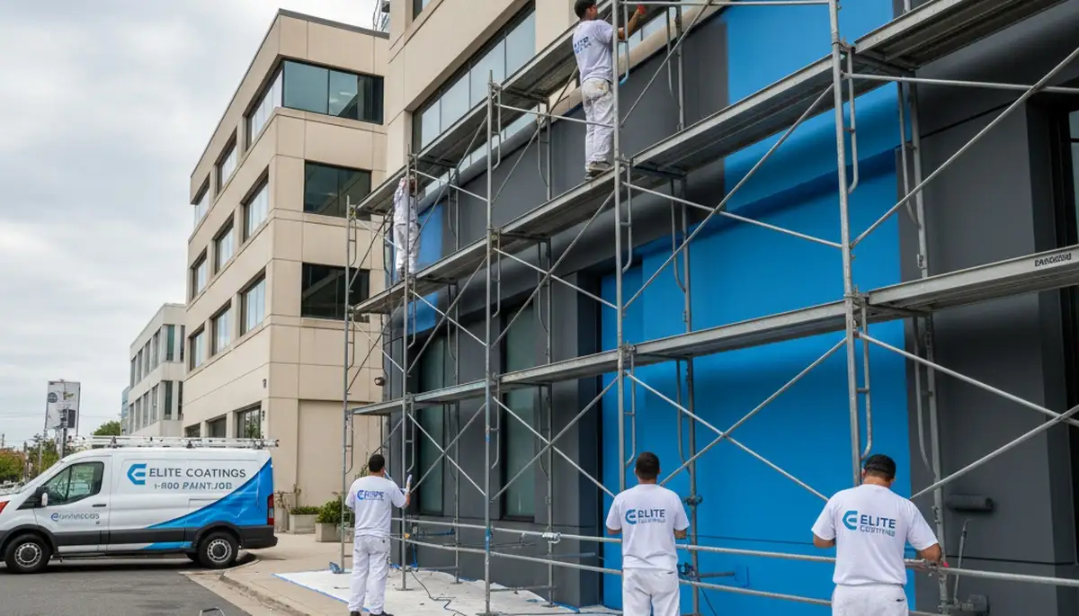 Professional commercial painters finishing office exterior in Kansas City, KS