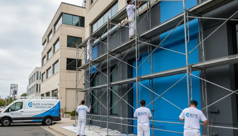 Professional commercial painters finishing office exterior in Kansas City, KS