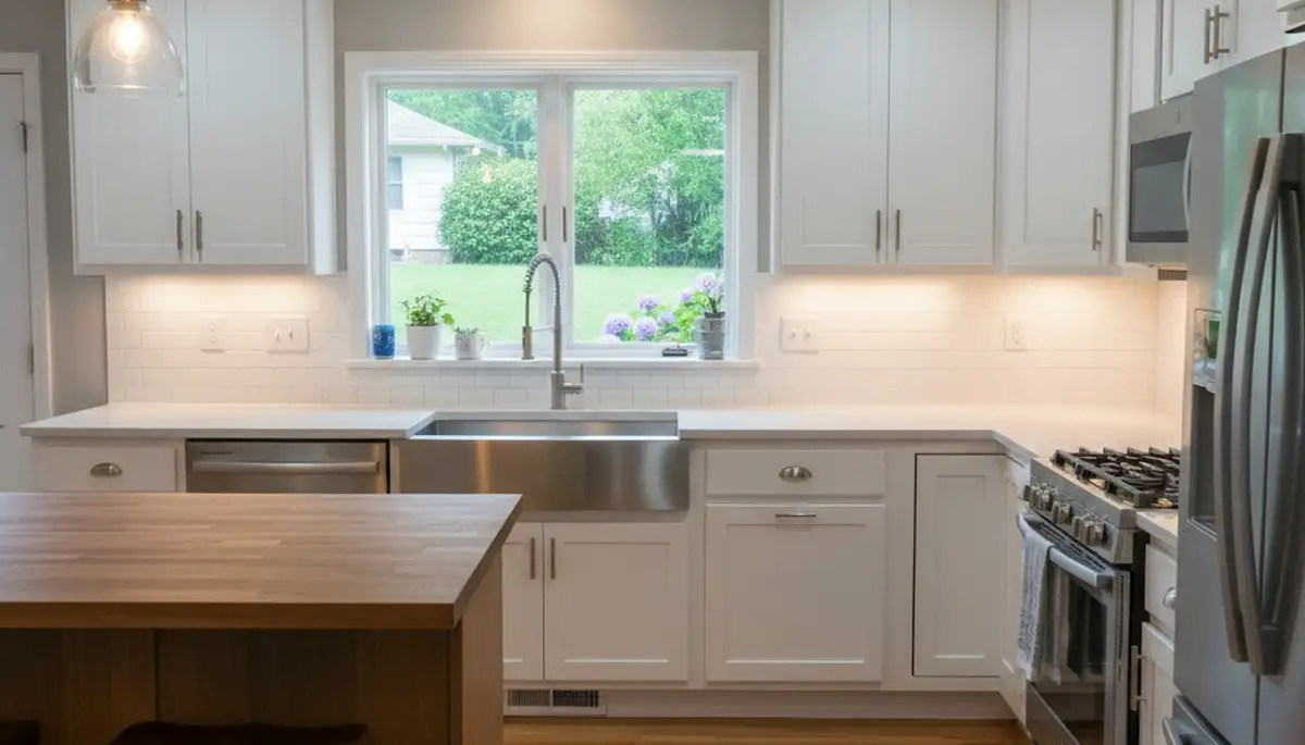 Refinished kitchen cabinets in Kansas City, KS showcasing smooth, durable finishes by local house painters