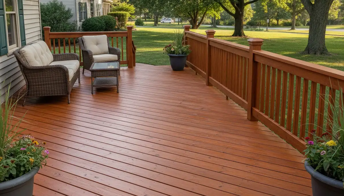 Finished deck staining in Kansas City, KS highlighting rich wood color and durable weather protection
