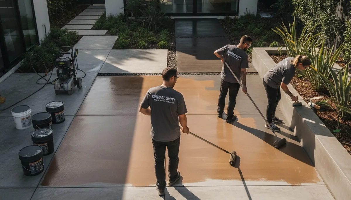 Professional concrete staining on residential patio in Kansas City, KS by local house-painting experts