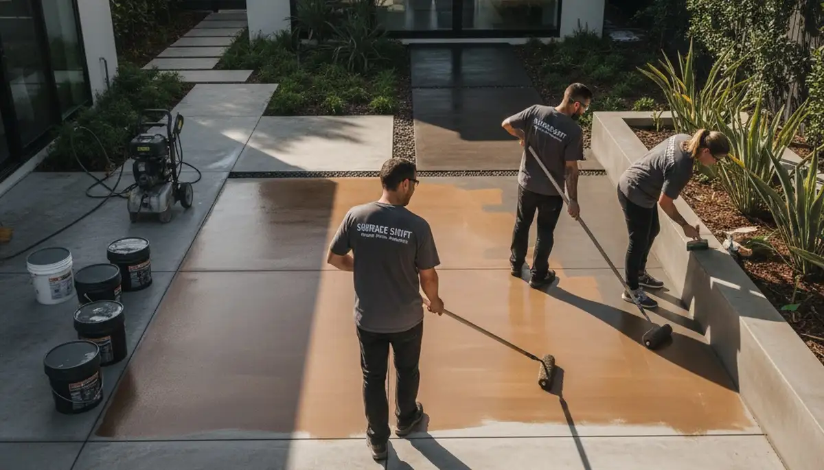 Professional concrete staining on residential patio in Kansas City, KS by local house-painting experts