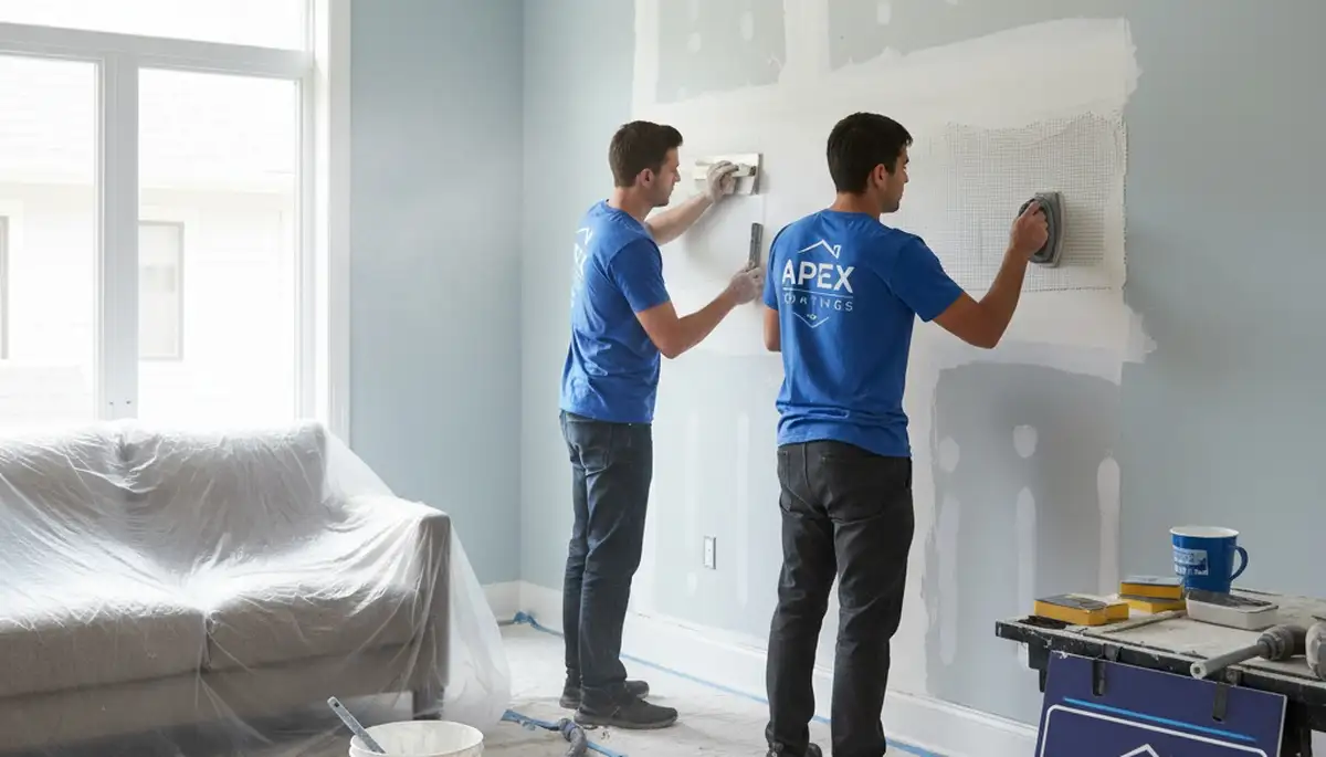 Drywall repair specialists fixing wall cracks in Kansas City, KS home for smooth, seamless finish