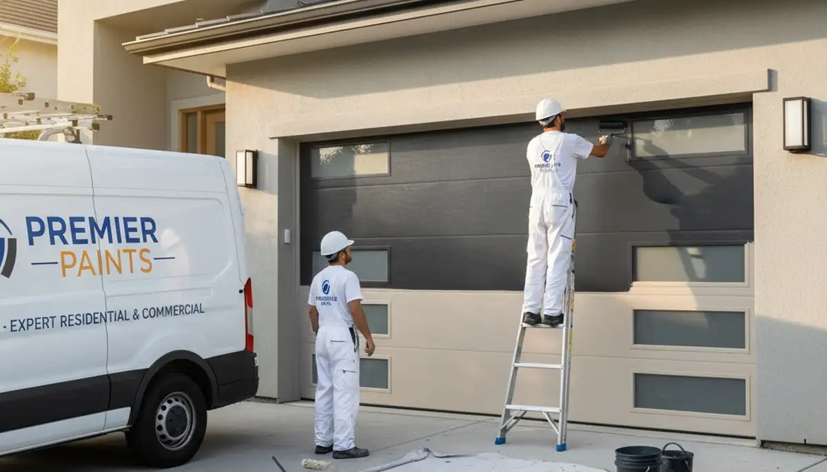 Professional painters refinishing a residential garage door in Kansas City, KS for improved curb appeal