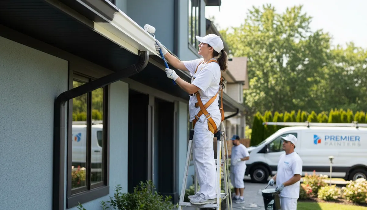 Professional gutter painting on a Kansas City KS home by local house painters for weather protection