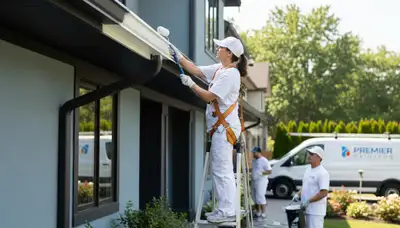 Professional gutter painting on a Kansas City KS home by local house painters for weather protection