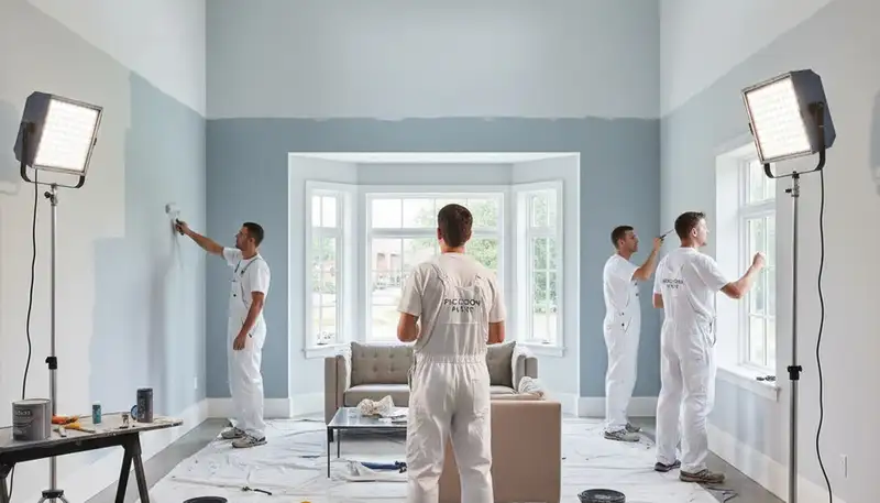 Professional interior house painters working in Kansas City, KS living room with fresh wall colors
