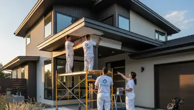 Professional trim and fascia painting on suburban home in Kansas City, KS by expert house painters