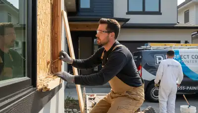 Wood rot repair on Kansas City KS home exterior by professional house painters and restoration experts