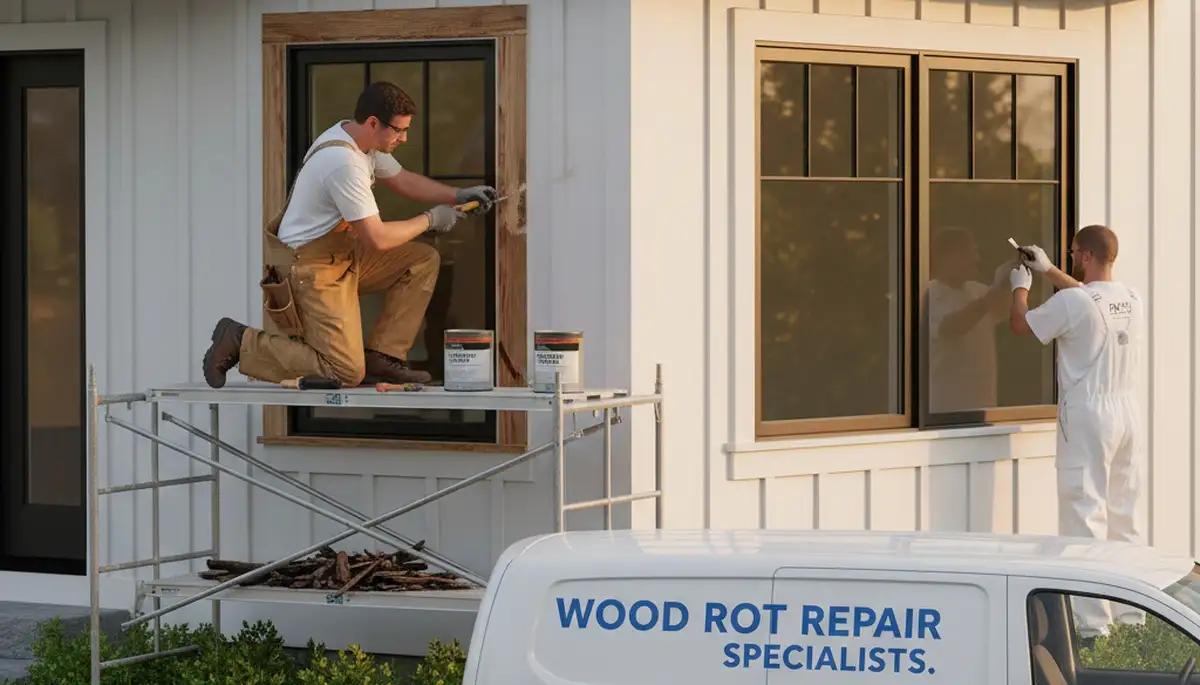 Technician repairing wood rot on Kansas City KS home exterior with expert restoration painting services